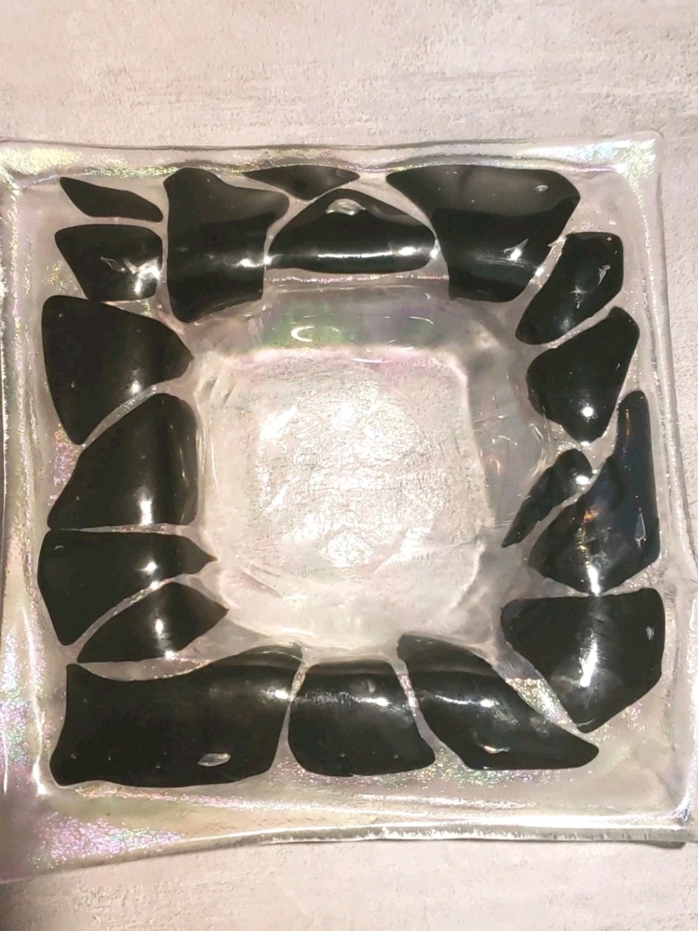 Fused Iridescent Dichroic Glass Trinket Dish Clear Black Shimmer Decor